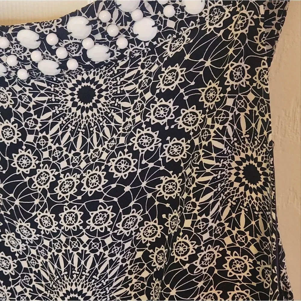 LOFT Blue White 14 Embellished 100% SILK Lined Floral Print Slvlss Women Dress